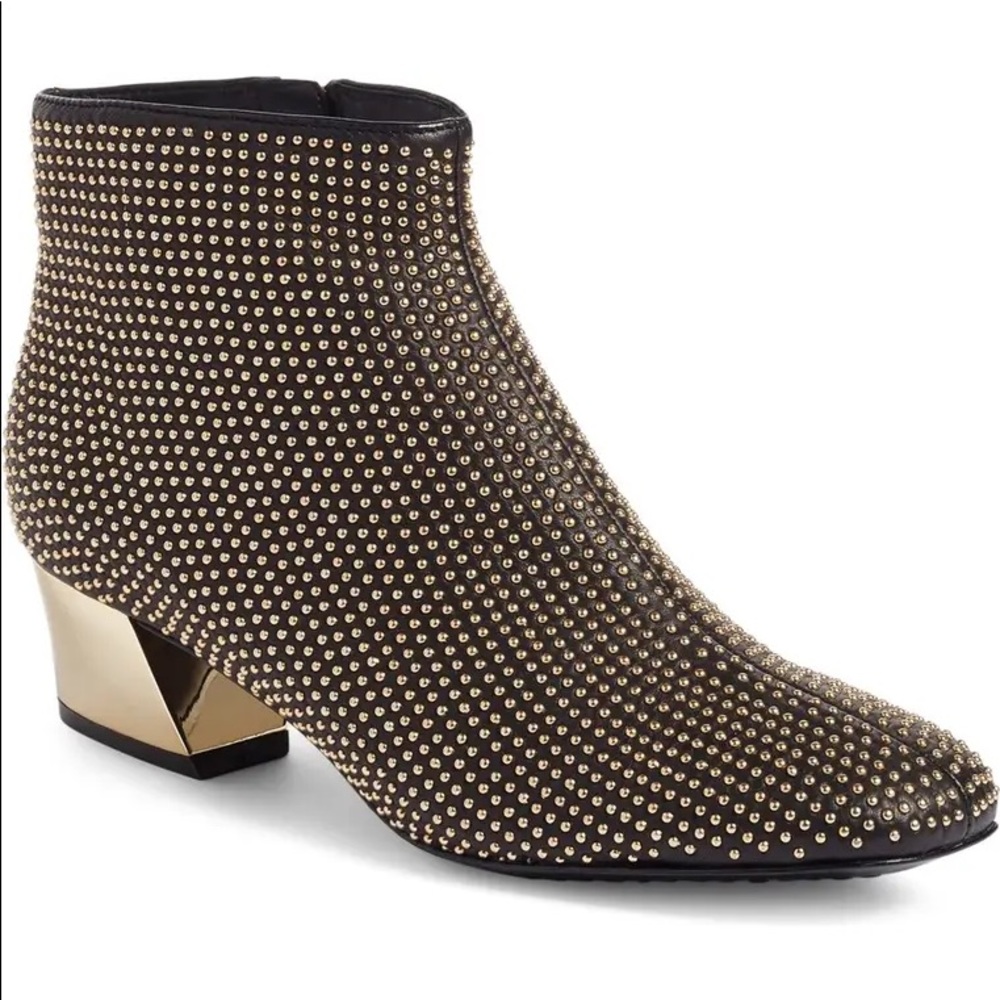 ALICE + OLIVIA BLACK AND GOLD PAXTON ANKLE BOOTIE